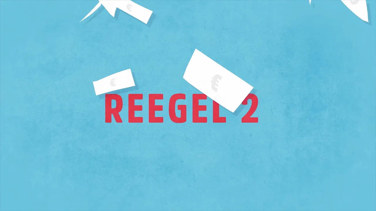 Leichter blauer Hintergrund mit roten 'REEGEL 2' Text und weißen Papierstücken mit Eurozeichen.