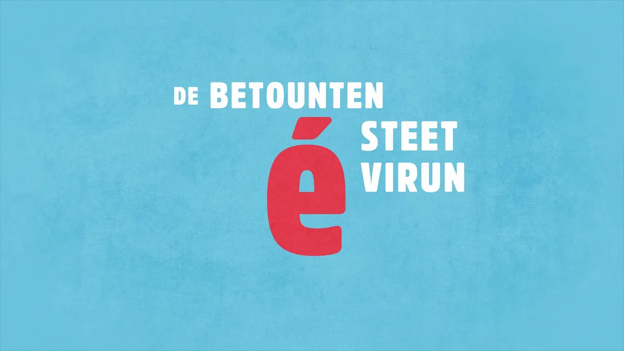 Das Bild zeigt einen hellblauen Hintergrund mit dem auffälligen Text 'de BETOUNTEN é STEET VIRUN'.