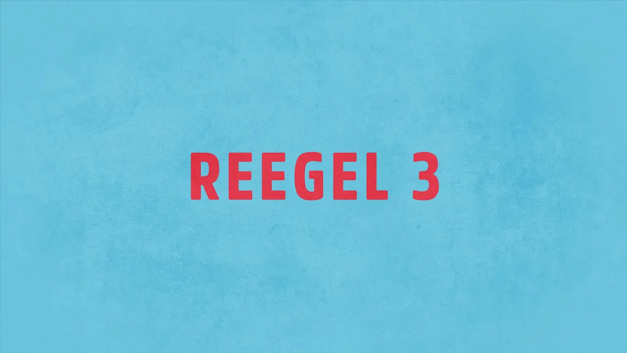 Text 'REEGEL 3' in bold red letters on a light blue background.