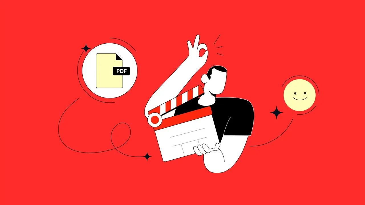 Illustration: Mann mit Filmklappe, PDF-Dokument und lächelndem Emoji