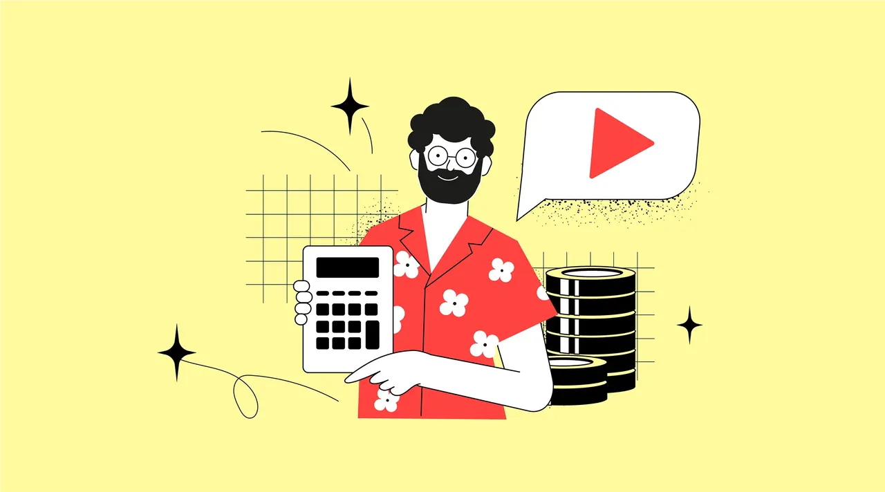 Ein Mann mit lockigem Haar und Brille in rotem Hemd zeigt auf einen Rechner; Münzen und Play-Symbol vor gelbem Hintergrund.